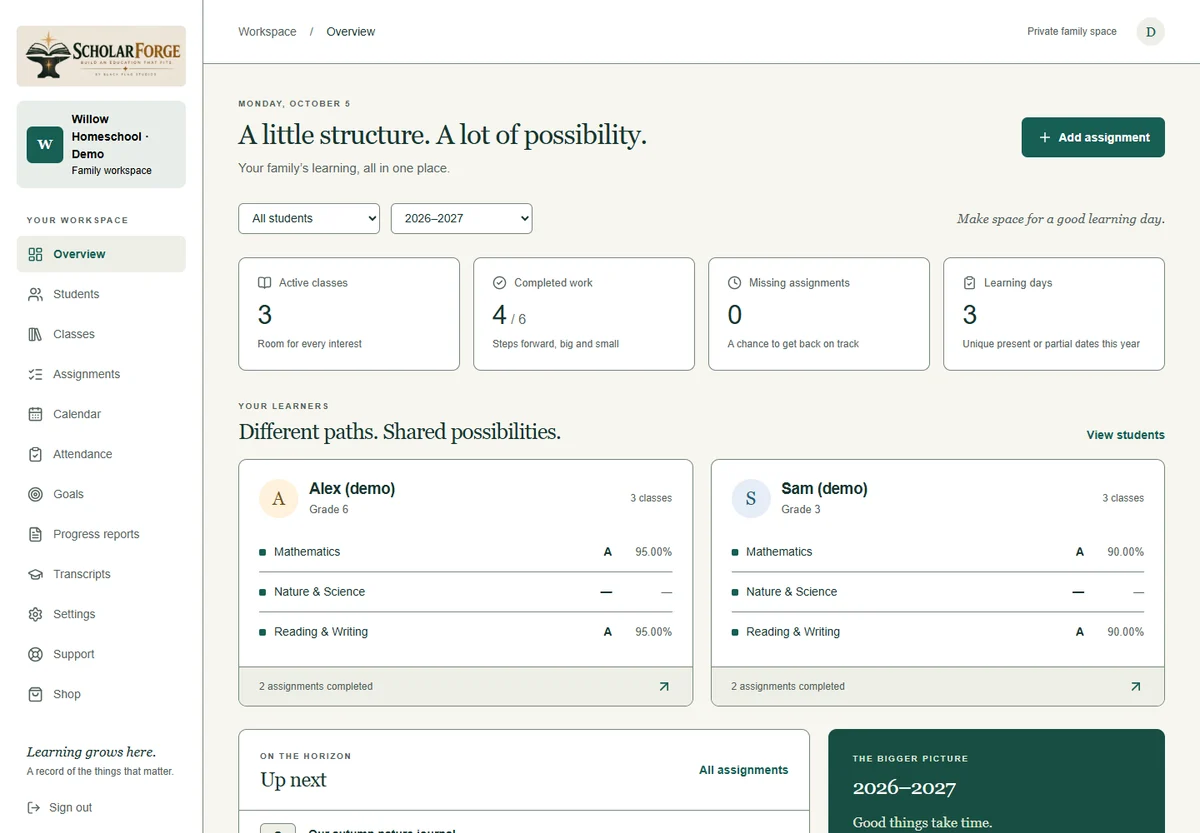 ScholarForge parent overview with synthetic demo students, classes and assignment progress.